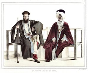 Ein griechischer Priester und ein Türke. in „Reise nach Athen und Konstantinopel, oder Sammlung griechischer und osmanischer Porträts, Ansichten und Kostüme, nach der Natur gemalt, lithographiert und koloriert von Louis Dupre (1789-1837), Schüler von David