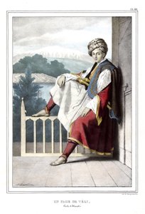 Eine Seite von Veli, Pascha von Thessalien. in „Reise nach Athen und Konstantinopel, oder Sammlung griechischer und osmanischer Porträts, Ansichten und Kostüme, vor Ort nach der Natur gemalt, lithografiert und koloriert von Louis Dupre (1789-1837), Schüle von Louis Dupré