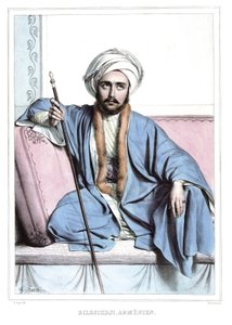 Bilesikdji, Armenier. in „Reise nach Athen und Konstantinopel, oder Sammlung griechischer und osmanischer Porträts, Ansichten und Kostüme, nach der Natur gemalt, lithographiert und koloriert von Louis Dupre (1789-1837), Schüler von David.1825.
