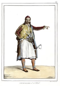 Chef der Palikares de la Scllade, in „Reise nach Athen und Konstantinopel, oder Sammlung griechischer und osmanischer Porträts, Ansichten und Kostüme, nach der Natur gemalt, lithografiert und koloriert von Louis Dupre (1789-1837), Schüler von David.1825. von Louis Dupré