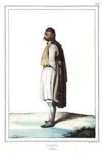 Suliote auf Korfu, in „Reise nach Athen und Konstantinopel, oder Sammlung griechischer und osmanischer Porträts, Ansichten und Kostüme, vor Ort nach der Natur gemalt, lithografiert und koloriert von Louis Dupre (1789-1837), Schüler von David.1825.