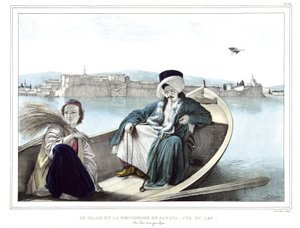 Der Palast und die Festung von Janina, vom See aus gesehen. Ein Türke und ein junger Grieche. in „Reise nach Athen und Konstantinopel, oder Sammlung griechischer und osmanischer Porträts, Ansichten und Kostüme, nach der Natur gemalt, lithographiert und kol