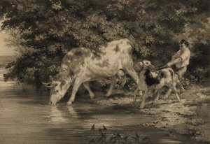Junge mit Kuh und Kalb am Fluss von Louis Emmanuel Soulange Tessier