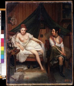 Porträt von zwei jungen Frauen im Negligé, die nach einer Liebesnacht erwachen von Louis Eugene ) Bertier
