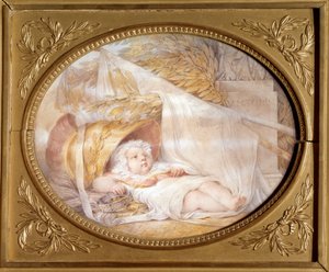Porträt des Königs von Rom als Baby (1811-1832) im Helm des Mars Napoleon II., Herzog von Reichstadt, Sohn von Kaiser Napoleon I. (1769-1821) Neugeborenes. Schwarzer Stein und beige Lava Papier von Eugene Isabey (1803-1886) März 1811 von Louis Eugene Gabriel Isabey