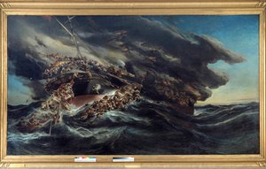 Das Feuer des Dampfers Austria. Szene eines Schiffswracks, bei dem die Passagiere versuchen, in den Booten auf dem stürmischen Meer zu entkommen. Gemälde von Eugène Isabey (1803-1886)