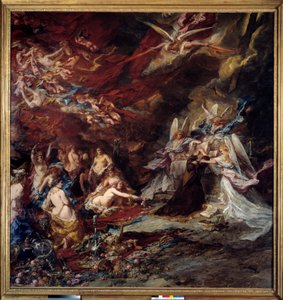 Die Versuchung des heiligen Antonius Der Einsiedler Antonius der Große (251-356) wird den Versuchungen des Teufels in der Wüste ausgesetzt. Gemälde von Louis Gabriel Eugene Isabey (1803-1886)