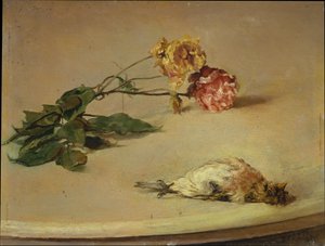 Toter Vogel und zwei Rosen auf einem Tischbrett von Louis Eysen