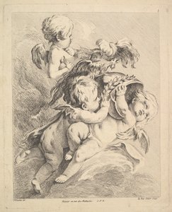 Drei Cupidos halten einen Helm von Louis Felix de la Rue