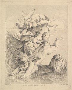Drei Cupidos machen einen Purzelbaum, ein Adler rechts von Louis Felix de la Rue