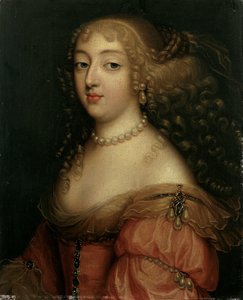 Porträt einer Dame, gesagt Laura Mancini, Herzogin von Mercoeur, Brustlänge, in einem roten Kleid, mit einer Perlenkette und Ohrringen