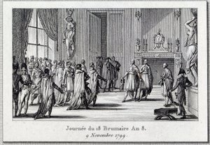 Konsulat: „Napoleon Bonaparte (1769-1821) bei der Sitzung von Saint Cloud am 18. Brumaire (9.11.1799)“ Der Staatsstreich des 18. Brumaire von Napoleon Bonaparte im Rat der Fünfhundert (Raum der 500), geschützt von Grenadieren, beendet die D von Louis Francois Couche