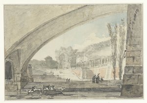 Durchblick unter einer Brücke zu Terrassen und einer Treppe