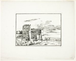 Ruinengebäude an einem Flussufer, Platte 9 aus Quatrieme suite de paysages dessinés et gravé à l’eau-forte par Moreau (Vierte Serie von Landschaften gezeichnet und radiert von Moreau) von Louis Gabriel Moreau