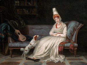 Porträt von Elizabeth, Lady Webster, später Lady Holland, in einem weißen Kleid mit ihrem Spaniel Pierrot, ca. 1795 von Louis Gauffier