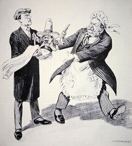 Amerikanische Karikatur, die zeigt, wie Präsident Taft die problematische "mexikanische Situation" an seinen Nachfolger Woodrow Wilson im Jahr 1913 übergibt (Lithografie) von Louis Glackens