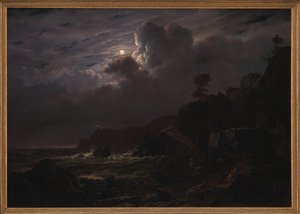 Ansicht von Kullen in Schweden. Schmuggler verstecken ihre Waren zwischen den Felsen. Mondlicht von Louis Gurlitt