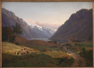 Ansicht von Odda am Sørfjord in Hardanger, Norwegen. Morgenlicht von Louis Gurlitt