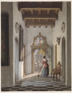 Mädchen, das den Flur eines Hauses fegt von Louis Henri de Fontenay