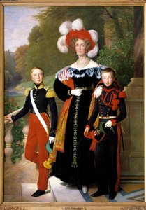 Königin Marie-Amelie und zwei ihrer Söhne, der Herzog von Aumale und der Herzog von Montpensier, vor dem Park des Schlosses von Neuilly um 1833