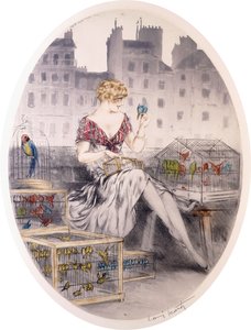 Mädchen mit Wellensittichen, ca. 1920er-30er Jahre