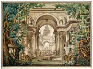 Prozession in einem Tempel. Bühnenbild für ein Theaterstück, 18. oder frühes 19. Jahrhundert von Louis Jean Desprez