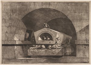 Grab mit Sphinx: Grabdenkmal mit einer Eule auf einem Sarkophag, unterstützt von einer Sphinx von Louis Jean Desprez