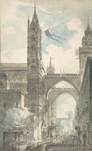 Ansicht des Portals und Haupteingangs der Kathedrale von Palermo während des Festes..., n.d. von Louis Jean Desprez