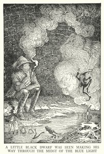 Ein kleiner schwarzer Zwerg wurde gesehen, wie er sich durch das blaue Licht bewegte von Louis John Rhead