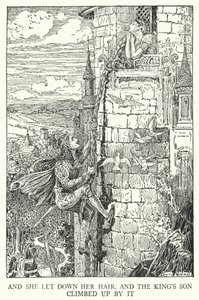 Und sie ließ ihr Haar herunter, und der Königssohn kletterte daran hinauf (Lithografie) von Louis John Rhead