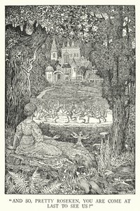 "Und so, hübsche Roseken, bist du endlich gekommen, um uns zu sehen?" (Lithografie) von Louis John Rhead
