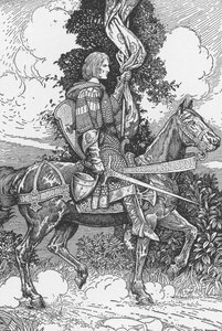 Sir Tristam reitet zum Schloss Tintagel Illustration von Louis Rhead (1858-1926) aus „King Arthur and his knights“ 1923 Private Sammlung von Louis John Rhead