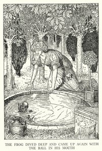 Der Frosch tauchte tief und kam wieder mit dem Ball im Maul (Lithografie) von Louis John Rhead