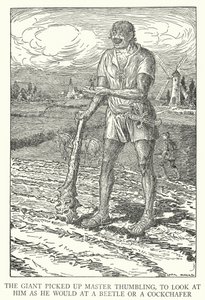 Der Riese hob Meister Däumling auf, um ihn wie einen Käfer oder Maikäfer zu betrachten (Lithografie) von Louis John Rhead