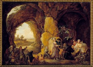 Die Versuchung des heiligen Antonius. Der Einsiedler Antonius der Große wird den Versuchungen des Teufels in der Wüste ausgesetzt (Louis Joseph Watteau)