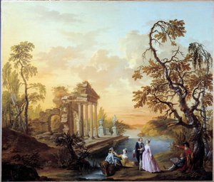 Hommage an die Liebe. Romantische Szene in einer Landschaft mit antiken Ruinen bei Dämmerung. Gemälde von Louis Joseph Watteau dit Watteau de Lille (1731-1798) von Louis Joseph  Watteau