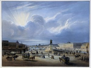 Gesamtansicht des Louvre und der Statue von Heinrich IV - in „Paris en 1837“ von Arnout von Louis Jules Arnout