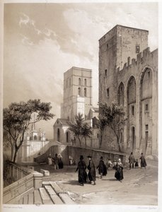 Palast der Päpste in Avignon und die Spaziergänger von Avignon im 19. Jahrhundert