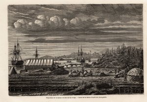 Vorbereitung von Kabeljau in der Bucht von Cap Rouge, Reinigung der Fische und Sammeln von Lebern zur Ölgewinnung, dann Salzen in der Hütte auf Stelzen, Zeichnung von Lebreton, zur Illustration der Reise nach Neufundland im Jahr 1860 von A. de Gobineau. Gr