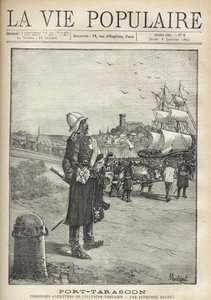 Mann beobachtet einen Umzug der Tarasque am Hafen der Insel Port Tarascon. Illustration von Montegut für „Port-Tarascon“ von Alphonse Daudet (1840-1897). Gravur von 1891 in „La vie populaire“. Private Sammlung von Louis Montegut