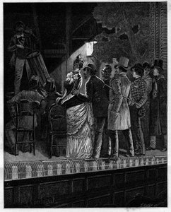 Welchen Effekt, großer Gott, hatte diese rustikale Musik auf dieses skeptische Publikum... Zuschauer hören einem Trommler zu. In „Trente ans de Paris“, autobiografische Sammlung von Alphonse Daudet (1840-1897). Gravur nach Monteguts Illustrationen von Louis Montegut