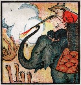Europäischer Siedler tötet Löwen durch Schüsse auf einen Elefanten in Afrika (1923) (Gravur)