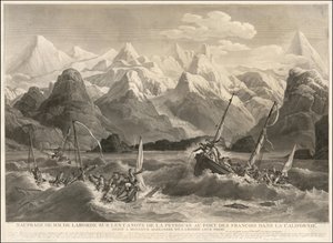 1786 Gravur eines Schiffswracks von zwei kleinen Booten, die Teil der La Perouse Expedition waren von Louis Philippe Crepin