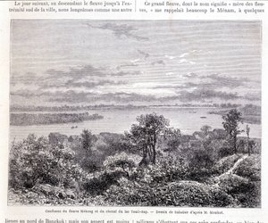 Zusammenfluss des Mekong-Flusses und des Touli-Sees - Zeichnung von Sabatier nach Mr. Mouhot. „Tour du monde“ von Louis Remy Sabatier