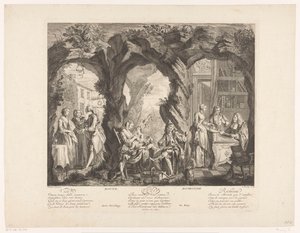 Landschaft mit drei Szenen, in denen eine junge Frau ein Medaillon kauft, trägt und verkauft von Louis Truchy