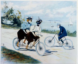 Sonntagsspaziergang. Fahrradtour: Ein Mann auf einem Fahrrad schaut zwei Frauen auf einem Tandem an. Zeichnung von Louis Vallet (1856 -?)