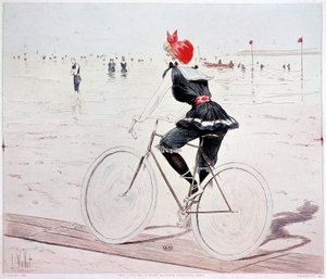 Frau auf einem Fahrrad am Strand - Zeichnung von L. Vallet von Louis Vallet