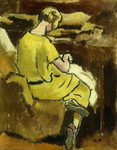 Frau in Gelb beim Nähen von Louis Valtat