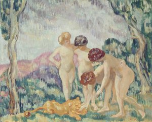 Junge Mädchen spielen mit einem Löwenjunges, ca. 1905-06
