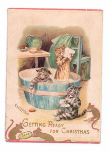 Viktorianische Weihnachtskarte von zwei Katzen in einer Badewanne, während zwei Mäuse mit einem Stück Seife spielen, ca. 1880